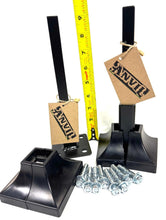 Load image into Gallery viewer, NO Welding Repair 1" Outdoor 3 Step+ Railings 2 pk Rusty Post Mount 3 3/4" Repair Bracket Bases Loose Metal Rails-Rail Repairs for 1" Square Tube Legs - Broken Handrail Posts 3" Base Black Paint/Bolts