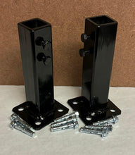 Load image into Gallery viewer, SLIP FIT Railing post mount Repairs 1" outdoor metal porch stair railings base 6 1/2" h 1" post slide INSIDE.NO Welding needed! 2 pk powdercoated Black w/hardware