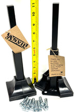Load image into Gallery viewer, ANVIL'S 1" Outdoor Step Handrail Repair Brackets 2 pk for Loose Railings Post 6" Steel Grip Rail Mount for Wrought Iron Metal Rails No Welding slips inside rails 1" square hollow post includes Black/Covers & Bolts!