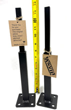 Load image into Gallery viewer, Outdoor Handrail post railing mounts No welding 8" repair Bracket 2 pk on 3" plate, slips inside rails 1" square hollow post Black & anchors