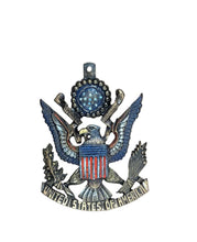 Load image into Gallery viewer, Cast iron American Eagle USA sign with a flag design featuring military themes in red, white, and blue.