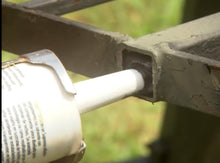 Load image into Gallery viewer, Repair 1" Rusted Out 2 Step Railing Posts 4" Mount No Welding Slips Inside Rails one inch Hollow Post Rail 2 pk KIT Repair Foot on 3" Square Base for Square Tube Posts Black Paint w bolts-plastic covers