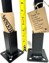 Load image into Gallery viewer, Repair Decking Fence Rails Broken 1 1/2" post Mount Insert INTO Posts 2 pk NO welding needed! 4" H Railings rusty HOLLOW leg Black Paint w/ Hardware