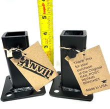 Load image into Gallery viewer, Rusty Iron Stair Posts Railing Base Anvil 4" Rail Post Repair Mount No Welding Broke Wobbly Rails-Slip-Fit Boot 2 pk Handrail Repairs fits 1" Square Hollow Tube or Solid Steel Post Black Paint w/Bolts