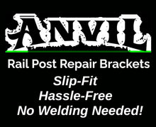 Load image into Gallery viewer, Rusty Iron Stair Posts Railing Base Anvil 4" Rail Post Repair Mount No Welding Broke Wobbly Rails-Slip-Fit Boot Handrail Repairs fits 1" Square Hollow Tube or Solid Steel Post Black Paint w/Bolts