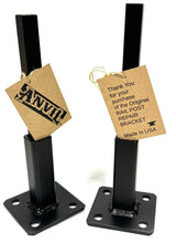 Load image into Gallery viewer, NO Welding Repair 1" Outdoor 3 Step+ Railings 2 pk Rusty Post Mount 3 3/4" Repair Bracket Bases Loose Metal Rails-Rail Repairs for 1" Square Tube Legs - Broken Handrail Posts 3" Base Black Paint/Bolts