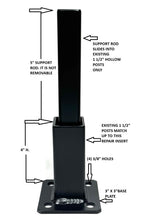 Load image into Gallery viewer, Repair Decking Fence Rails Broken 1 1/2" post Mount Insert INTO Posts 2 pk NO welding needed! 4" H Railings rusty HOLLOW leg Black Paint w/ Hardware