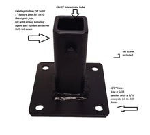 Load image into Gallery viewer, Anvil 8" Railing Post Repair Mount No Welding Broke Wobbly Rails-Slip-Fit Boot fits 1" Square Hollow Tube or Solid Steel INSIDE Black Paint w/Bolts