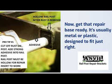 Load and play video in Gallery viewer, ANVIL 3 3/4" Broken 1" Handrail Stair Step Railing Posts Mount Repair KIT No Welding slips INSIDE rails Hollow post Black Paint-Base cover & Bolts