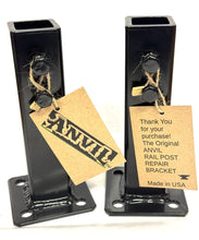 Load image into Gallery viewer, Anvil 8" Railing Post mounts Broken 1" Handrail Repairs- existing Rails 1" Post Slips inside NO Welding needed! 2 PK Black paint w concrete bolts