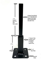 Load image into Gallery viewer, Repair 1" Rusted Out 2 Step Railing Posts 4" Mount No Welding Slips Inside Rails one inch Square Hollow Post Rail Post Repair Foot on 3" Square Base for Square Tube Posts Black Paint w Hardware