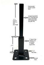 Load image into Gallery viewer, Anvil 4" Railing Post Repair Base No Welding Needed for 1" Hollow Rusty metal Broken Handrail posts, 3" Base plate- slips Inside Existing rails 1" Square Tube Step Rails Posts-Bolts-Black powdercoated