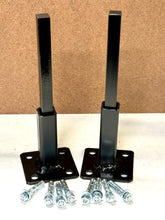 Load image into Gallery viewer, Rusted Stair Railing Repair Kit 4&quot; H on 3&quot; plates for Loose/Broke 1&quot; Handrail posts 2pk No welding slips inside rails 1&quot; square hollow post Black w covers &amp; concrete anchors
