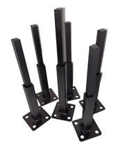 Load image into Gallery viewer, REPAIR BROKEN Rusted Handrail posts Bases No welding slips inside rails 1&quot; hollow post (4)- 6&quot; Repair feet (+2)- 8&quot; on 3&quot; plates  Black w/ hardware!
