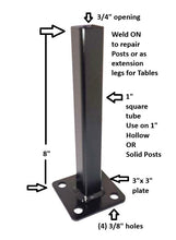 Load image into Gallery viewer, Weld on &amp; Repair Metal Bases Porch Railings Outdoor Posts 8” mount for 1&quot; post broken out of cement w bolts! Black Paint
