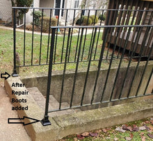 Load image into Gallery viewer, SLIP FIT Fence-Decks- Repair 1&quot; outdoor metal porch stair railings base 6 1/2&quot; h 1&quot; post slide INSIDE.NO Welding needed! 2 pk Professionally powder coated Black w/hardware
