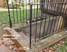Load image into Gallery viewer, SLIP FIT Fence-Decks- Repair 1&quot; outdoor metal porch stair railings base 6 1/2&quot; h 1&quot; post slide INSIDE.NO Welding needed! 2 pk Professionally powder coated Black w/hardware
