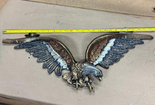 Load image into Gallery viewer, Cast iron USA sign featuring an American bald eagle. Red-White- Blue 26" x 9"
