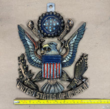 Load image into Gallery viewer, Cast iron American Eagle USA sign with a flag design featuring military themes in red, white, and blue.
