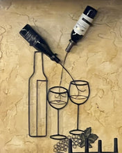 Load image into Gallery viewer, Metal wine racks with artistic designs, showcasing two wine glasses, grape clusters, and a holder for two bottles.
