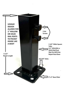 1" Post REPAIR BRACKET NO WELDING For 1" Handrail POSTS 6 1/2" high 2pk 1" broken post Slips INSIDE Bracket w set screw painted Black
