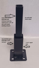 Load image into Gallery viewer, Decking Fence rails Broken 1 1/2&quot; posts Repair Support Bracket Insert 2 pk NO welding needed! 4&quot; H Railings rusty HOLLOW Banisters. Slips INTO existing Leg Black w/ Hardware
