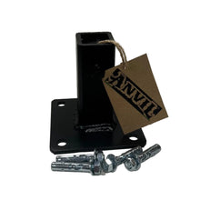 Load image into Gallery viewer, Secure loose railing 1" outdoor metal Handrail Posts-repair base 4" H. No Welding-Rail post slides IN Mount-4" base plate Black Paint Bolts
