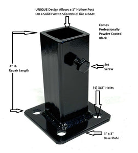 Fix Rusted Outdoor Railings Post Base- Broken 1" Posts Anvil Rail Repair Mounting Bracket 4" H.No Welding Hollow Tube-Solid Square Handrail Mount Set Screw -Black Powder Coated -Concrete Anchors -USA