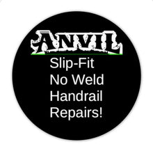 Load image into Gallery viewer, Rusted Stair Railing Repair Kit 4&quot; H on 3&quot; plates for Loose/Broke 1&quot; Handrail posts 2pk No welding slips inside rails 1&quot; square hollow post Black w covers &amp; concrete anchors
