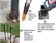 Load image into Gallery viewer, SLIP FIT Fence-Decks- Repair 1&quot; outdoor metal porch stair railings base 6 1/2&quot; h 1&quot; post slide INSIDE.NO Welding needed! 2 pk Professionally powder coated Black w/hardware
