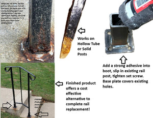 SLIP FIT Fence-Decks- Repair 1" outdoor metal porch stair railings base 6 1/2" h 1" post slide INSIDE.NO Welding needed! 2 pk Professionally powder coated Black w/hardware