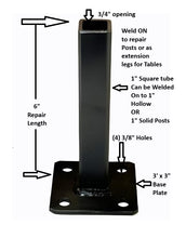 Load image into Gallery viewer, Railings Steps Square Tube or Solid Post Base Mount Repairs 6&quot; Repair Length, Needs Welding Bracket Repair Bases for 1&quot; Posts Exterior Rusted Metal Rails Broken Out of Cement w Bolts! Black Paint
